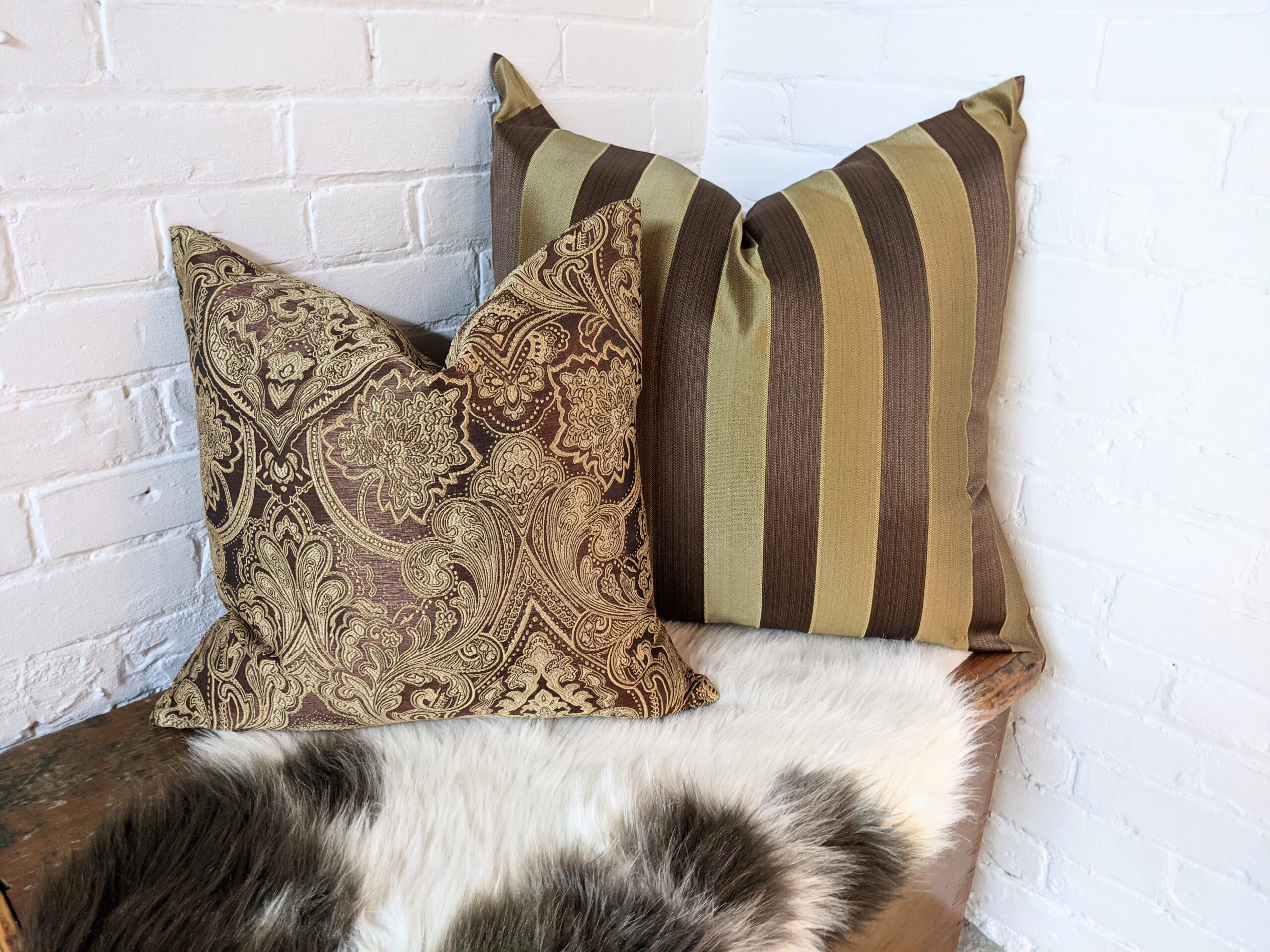 Euro Cushion: Euro antique gold and brown striped pair of cushion covers - Image 2